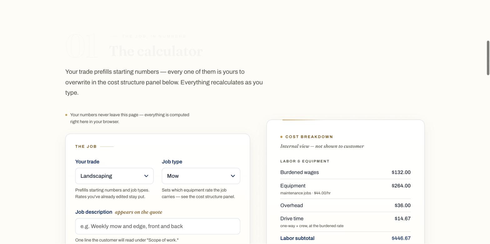 Job Quote Calculator — job form beside the internal cost breakdown with a recommended price